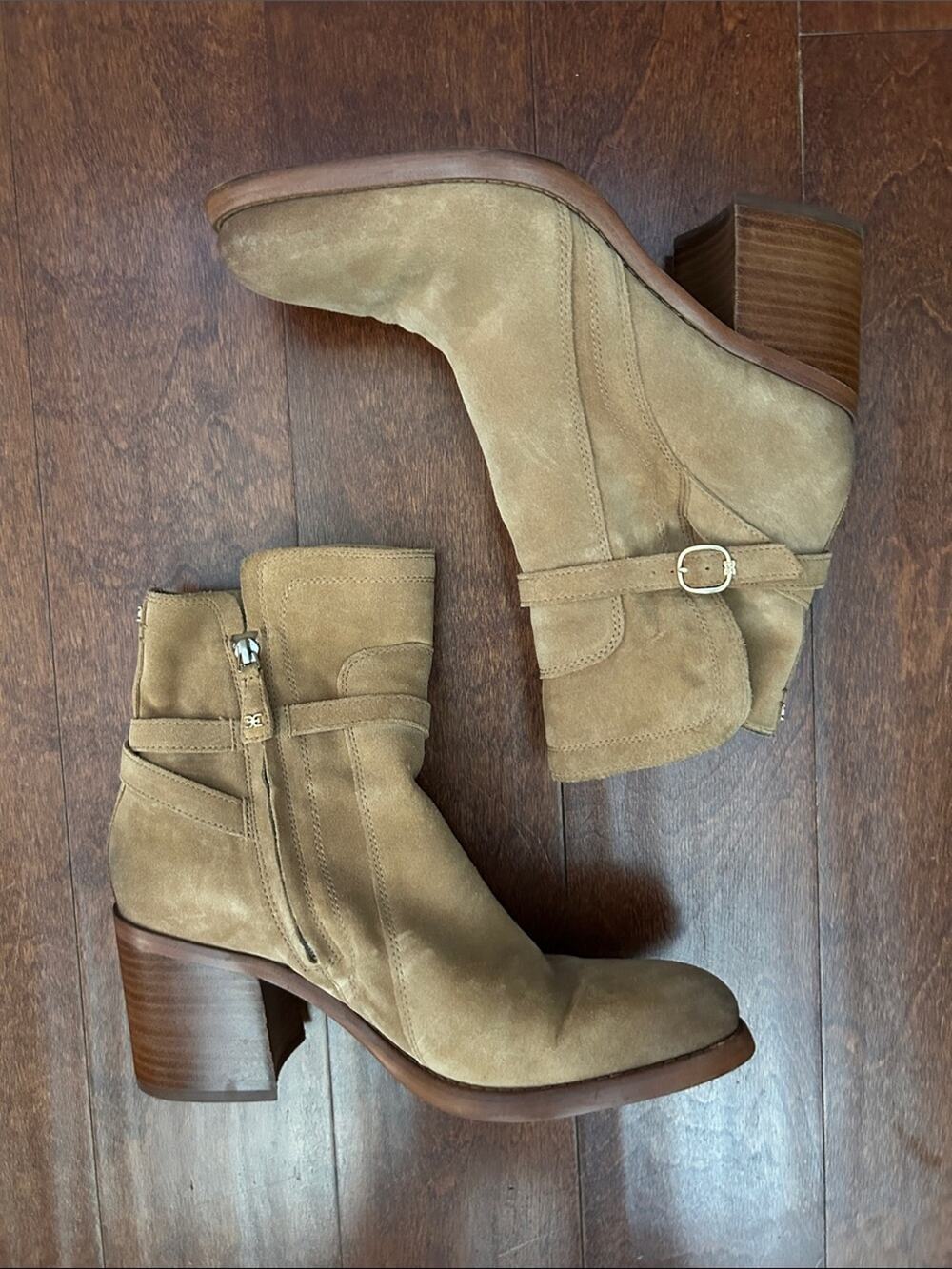 Sam Edelman Simona Suede Ankle Boots in Golden Caramel, Stacked Heels, Size 10